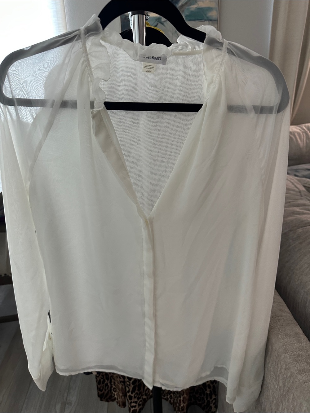 Calvin Klein Cream Sheer V-Neck Ruffle Tie Blouse